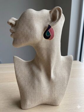 Vintage 80s Abstract Colorblock Enamel Teardrop Stud Earrings Pink Purple Teal